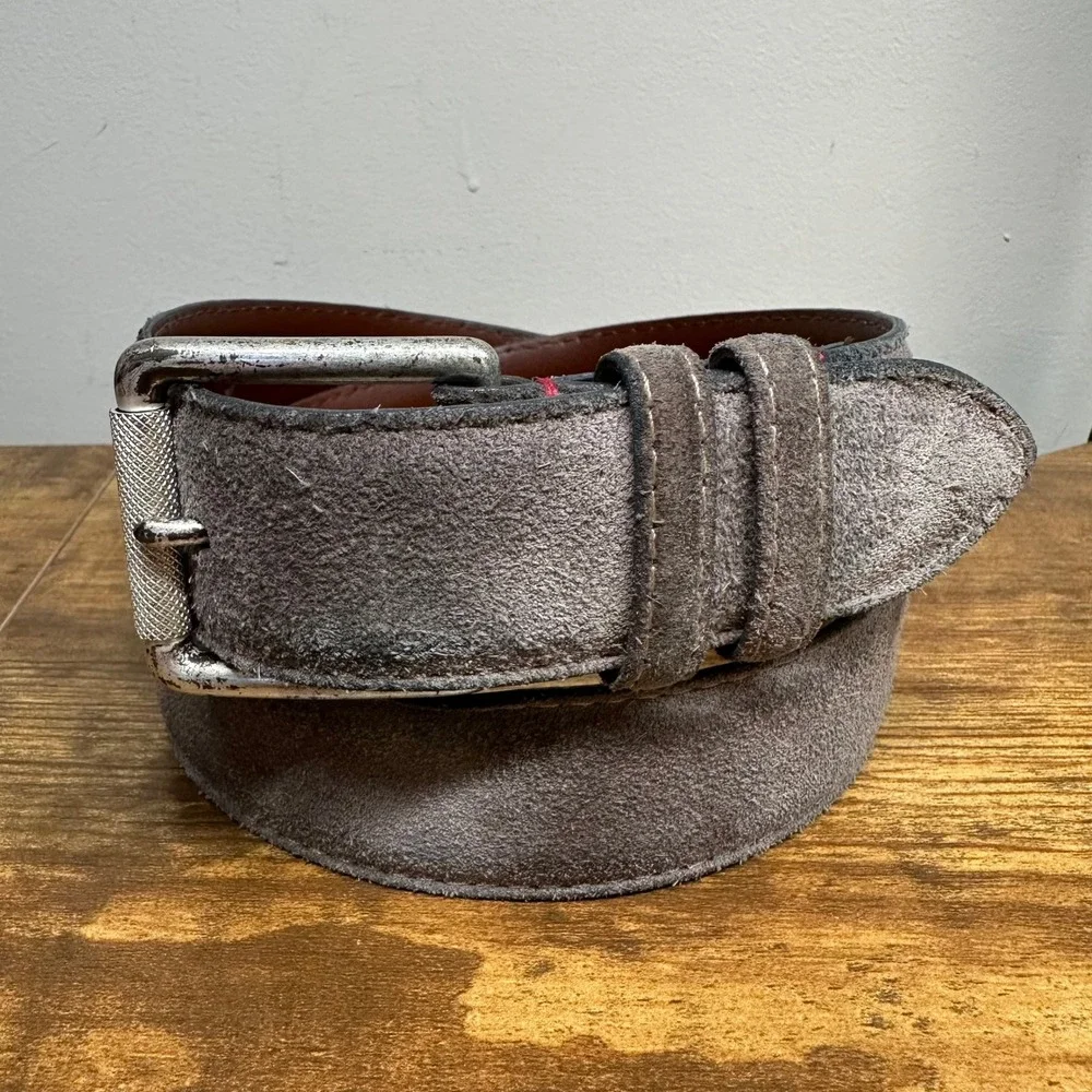 European Suede Mens Grey Leather Belt Size 32 Made in USA Distressed Buckle